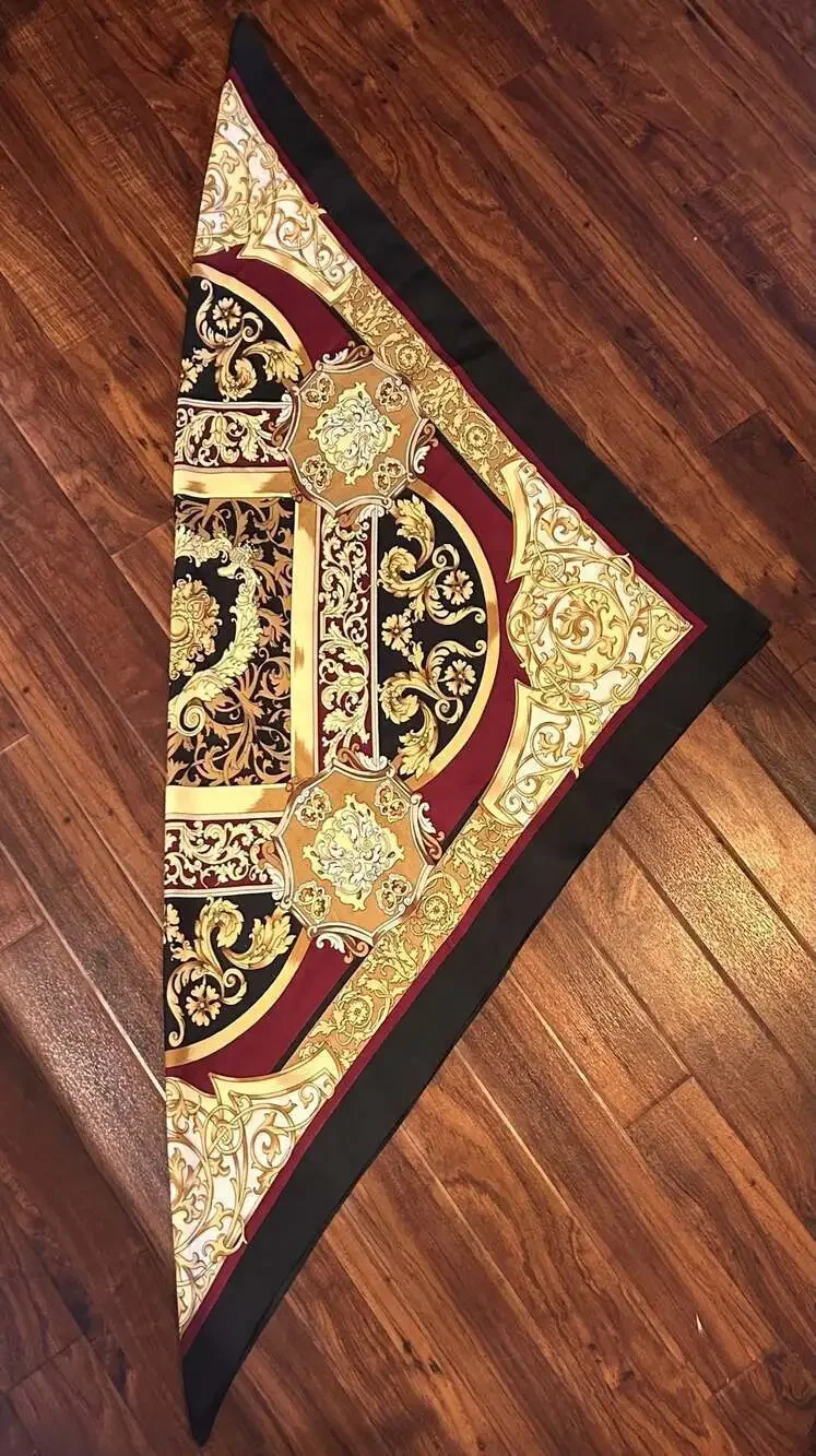 Vintage Baroque Print Square Silky Scarf Black Burgundy Gold, 35”